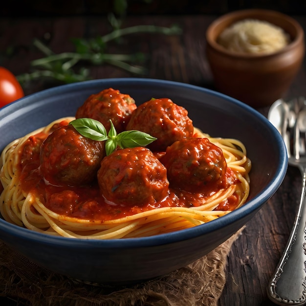 Photo spaghetti pasta with meatballs and tomato sauce on wooden tabletop view cooked italian pasta