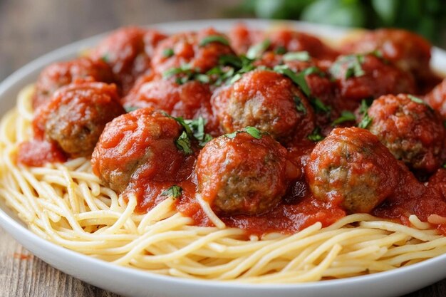 Spaghetti pasta with meatballs and tomato sauce on wooden tabletop view cooked italian pasta