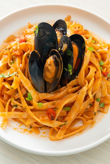 Spaghetti pasta with mussels or clams and tomato sauce