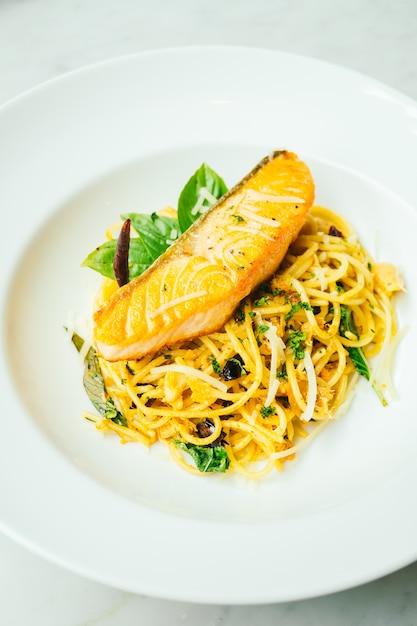 Spaghetti and Pasta with salmon fillet meat