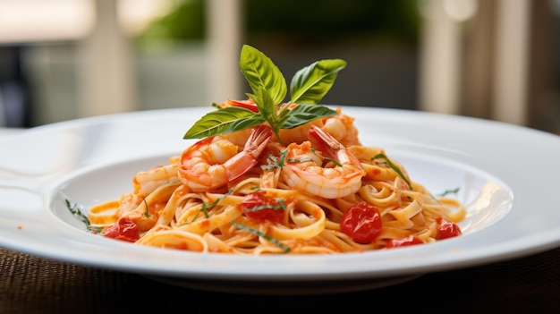 Spaghetti pasta with shrimp cherry tomatoes olive oil and basil in plate on table Restaurant food Velicious Italian dish