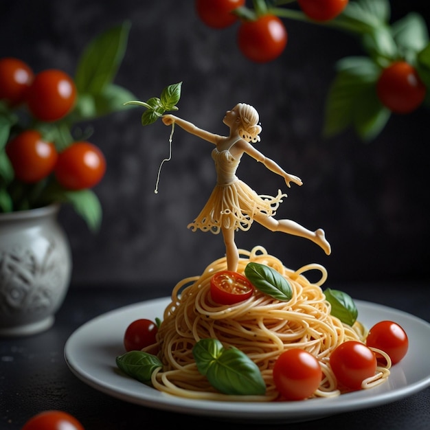 Photo spaghetti pasta with shrimpcherry tomatoesolive oil and parsley on gray table background