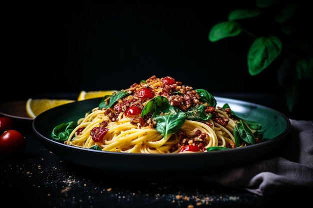 Spaghetti pasta with spinach and cheese