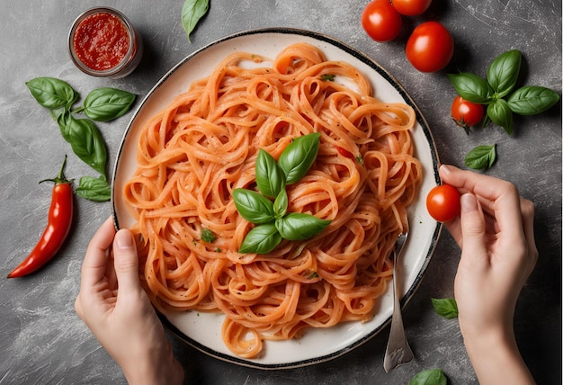 Spaghetti pasta with tomato sauce mozzarella cheese and fresh basil in plate on white wooden backgr