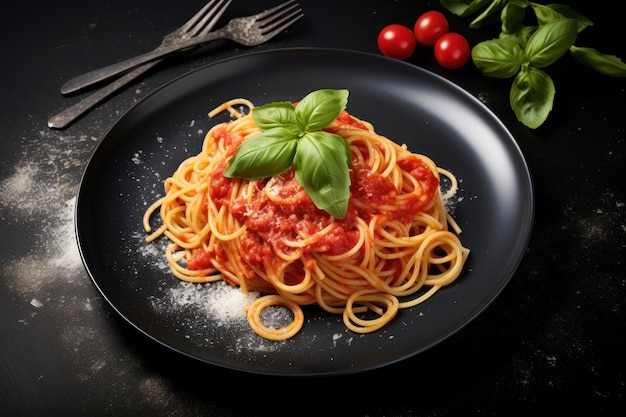 Spaghetti Plate with Basil Leaf