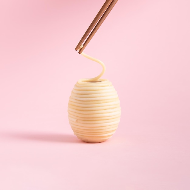 Spaghetti rolled in the shape of Easter eggs and wooden chopsticks isolated on a pink background Minimal food concept Square with copy space