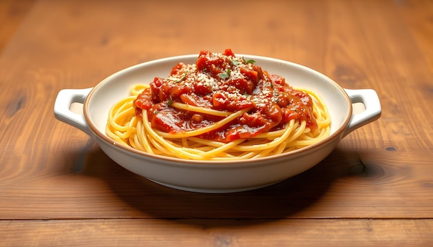 Photo spaghetti with amatriciana sauce in the dish on the wooden table isolated with white highlights