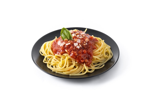 Spaghetti with bolognese sauce isolated on white background