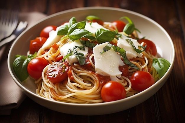 Spaghetti with fresh Tomato Sauce Mozzarella and Basil seen from above