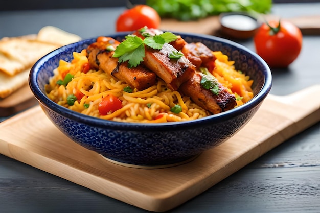 Spaghetti with grilled chicken and vegetables in a bowl on a table background Ai generative