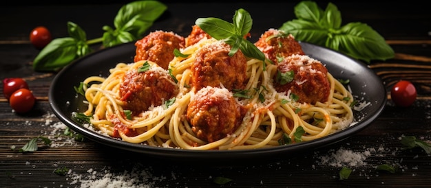 spaghetti with meatballs and basil on a black plate