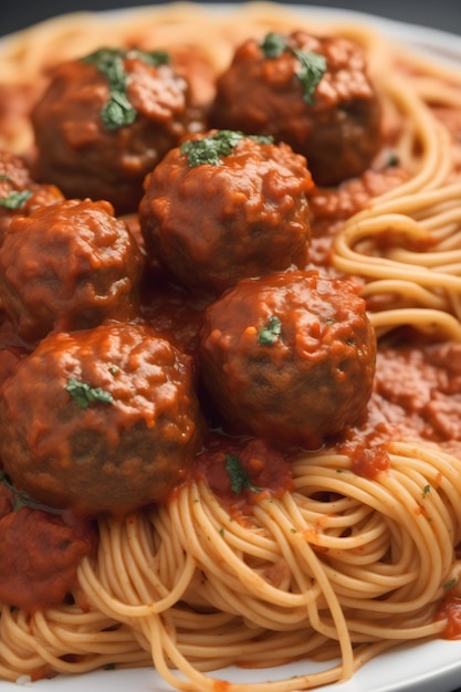 Spaghetti with meatballs and tomato sauce close up