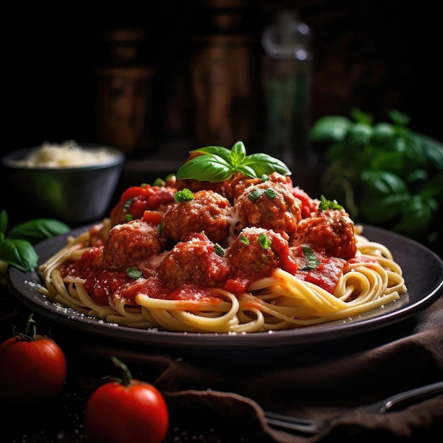 Spaghetti with meatballs and tomato sauce on a dark background