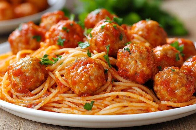 Spaghetti with meatballs and tomato sauce on a white plate