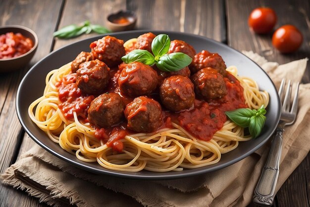 Photo spaghetti with meatballs on wooden table