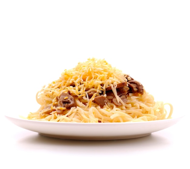 Spaghetti with mushrooms and cheese on white