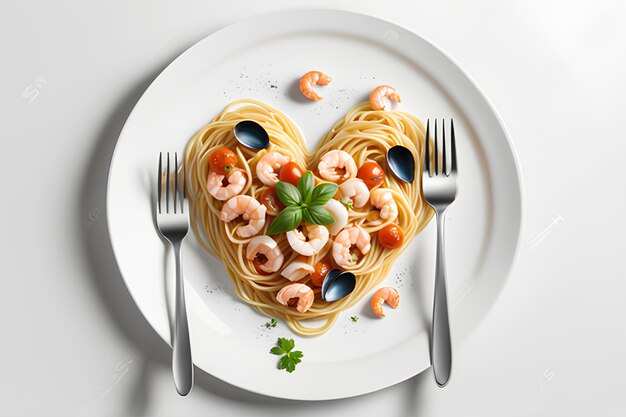 Spaghetti with seafood in a heartshaped plate