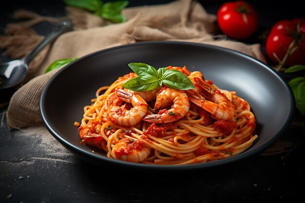 Spaghetti with shrimps in tomato sauce