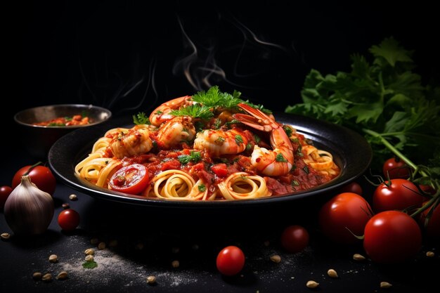 Spaghetti with spicy mixed seafood on dark background