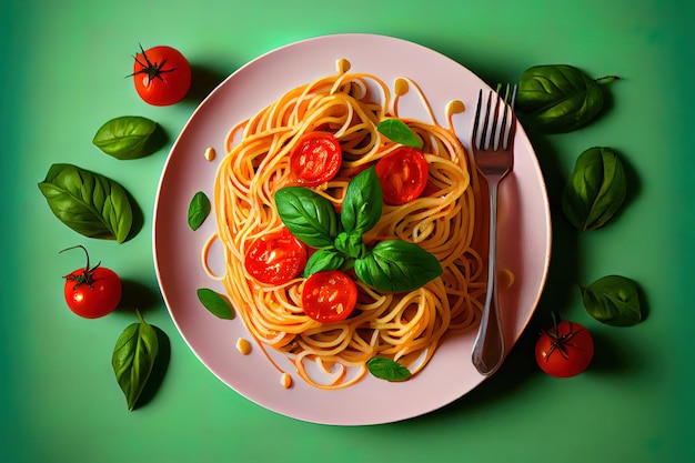 Spaghetti with tomato and basil on green diet food