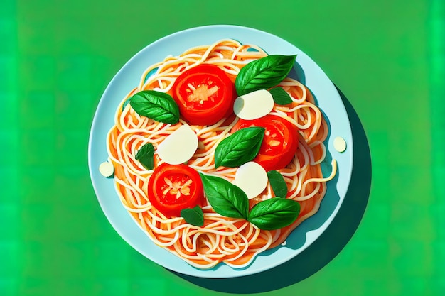 Spaghetti with tomato and basil on green