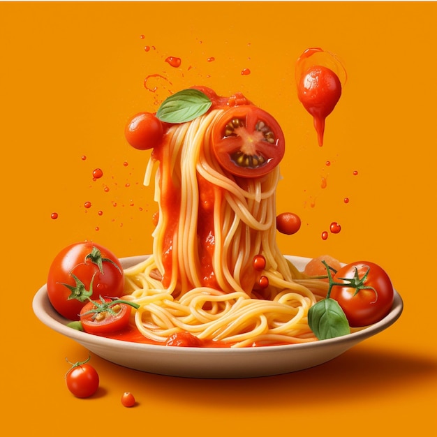 Spaghetti with tomato sauce and basil on a plate isolated on orange background