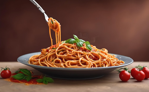 Spaghetti with tomato sauce and basil on a wooden table