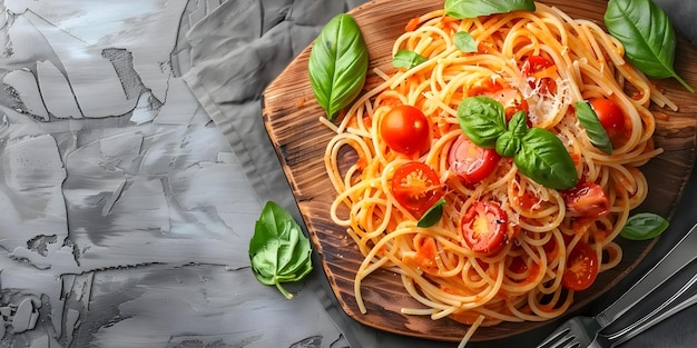 Spaghetti with Tomatoes and Basil Served on a Wooden Board with Cutlery Concept Food photography Italian cuisine Fresh Ingredients Cooking presentation Culinary art