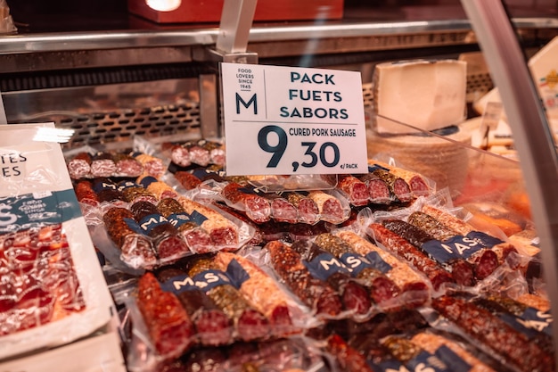 SPAIN BARCELONA October 14 2022 Spanish sausages and serrano jamon on the La Boqueria Market in Barcelona Spain