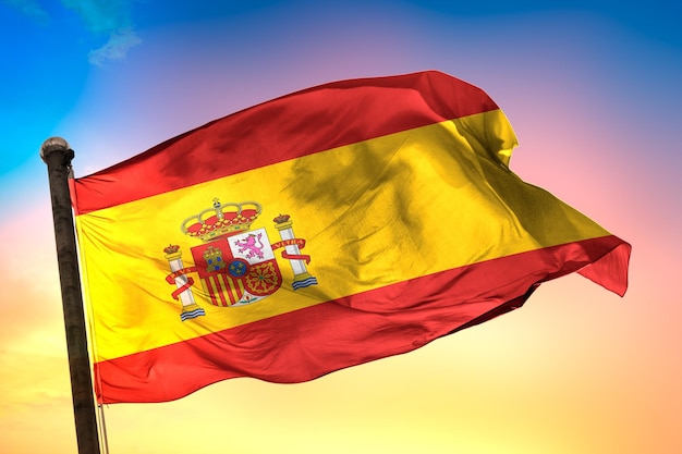 spain country flag, 3d flag, and color background.