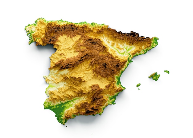 Spain Map Shaded relief Color Height map on the sea Blue Background 3d illustration