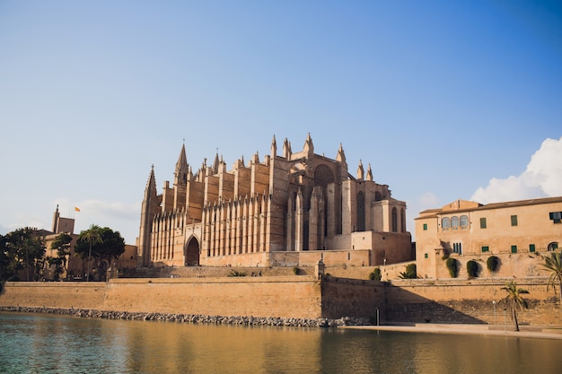 Spain Palma de Mallorca historic city center with view of the gothic Cathedral La Seu. Balearic islands.