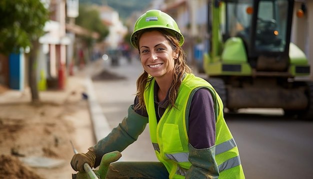 spain woman doing road works contractor smiling road construction construction vehicles