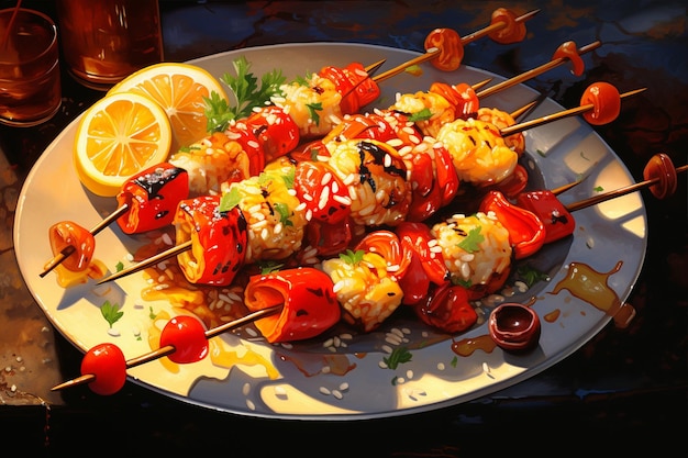 Photo spainstyle seafood skewers with rice and peppers