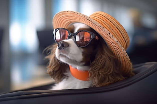 Spaniel breed dog with glasses trip Pet hair Generate Ai