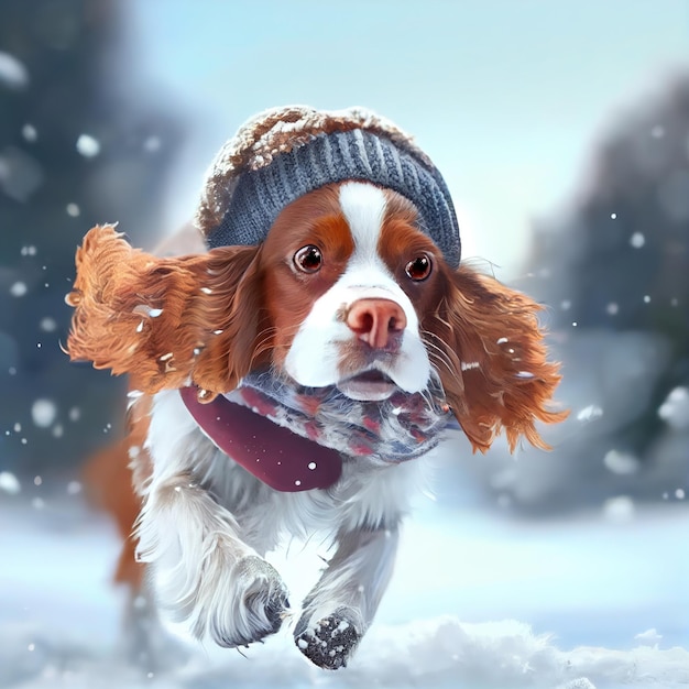 Spaniel dog in knitted hat running in a winter park Generative AI