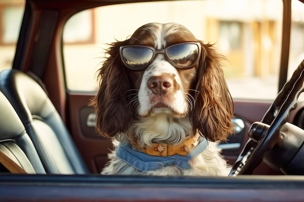 A spaniel dog sits in the driver's seat of a car