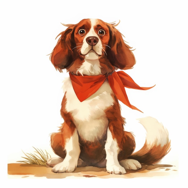 Spaniel in a red bandana watercolor illustration