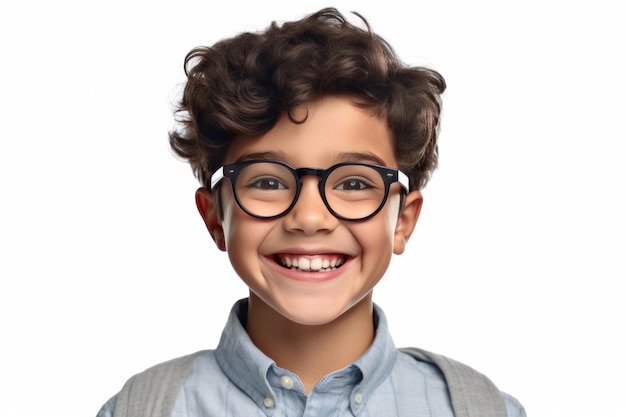 Spanish Boy is Primary School Student Child is Smiling on Copy Space Preschool Caucasian Kid on White Background Cute Smart Little Boy in Glasses Concept of Primary Education Generative AI