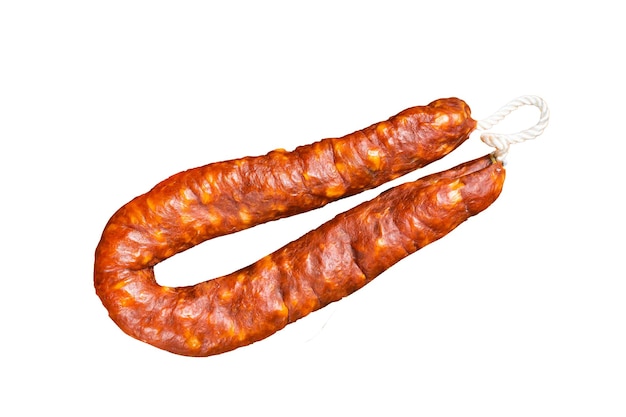 Spanish Chorizo sausage dry cured pork with herbs and spices Isolated white background