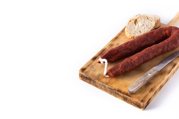 Spanish chorizo sausage isolated on white