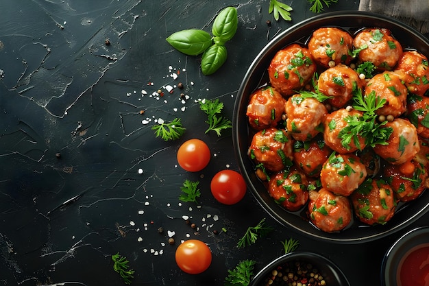 Spanish Cuisine Albondigas on a Black Background Top View Concept Spanish Cuisine Albondigas Black Background Top View