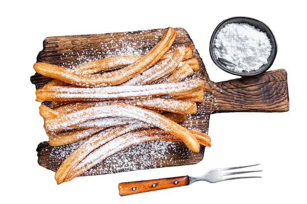 Spanish dessert churros with sugar powder on a wooden tray Isolated on white background top view