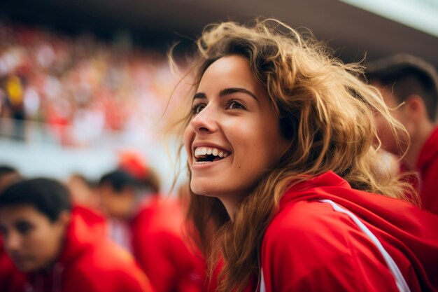 Spanish female soccer fans in a World Cup stadium celebrating Spanish national team football win