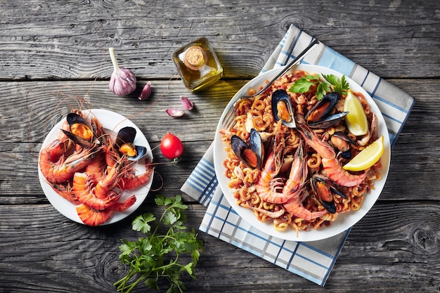 Spanish fideua, a noodle paella with king prawns