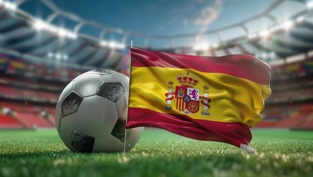 Spanish Flag and Soccer Ball on the Field in a Stadium Setting with Bright Lights Generative AI