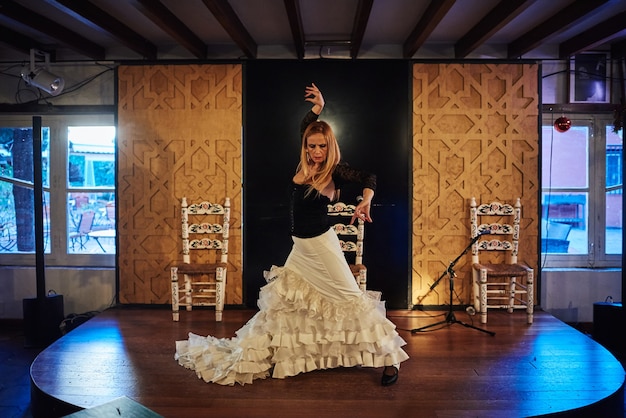 Spanish flamenco dancer on a traditional stage.