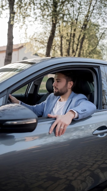 Spanish man driving his new car at spring time at the morning