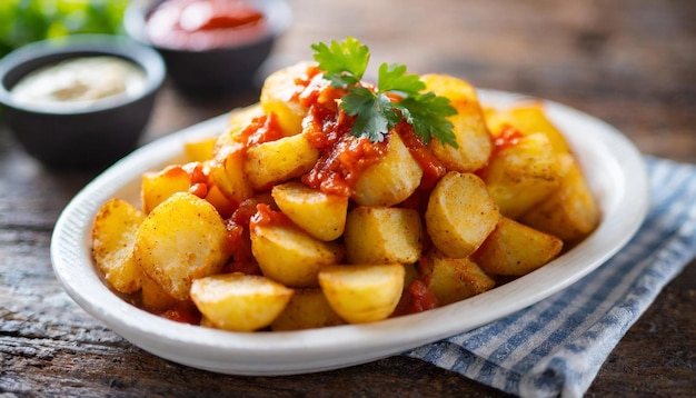 Photo spanish patatas bravas showcasing golden fried potatoes smothered in spicy sauce