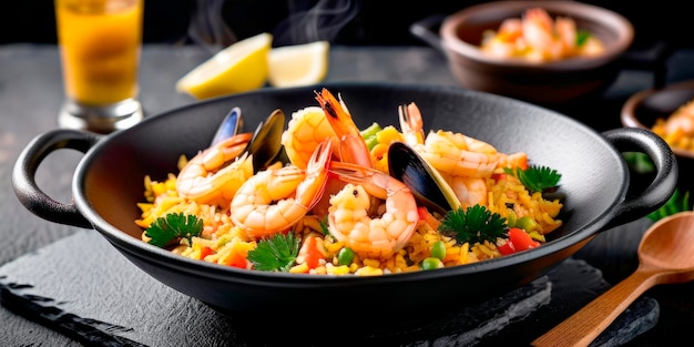 Spanish seafood paella dish